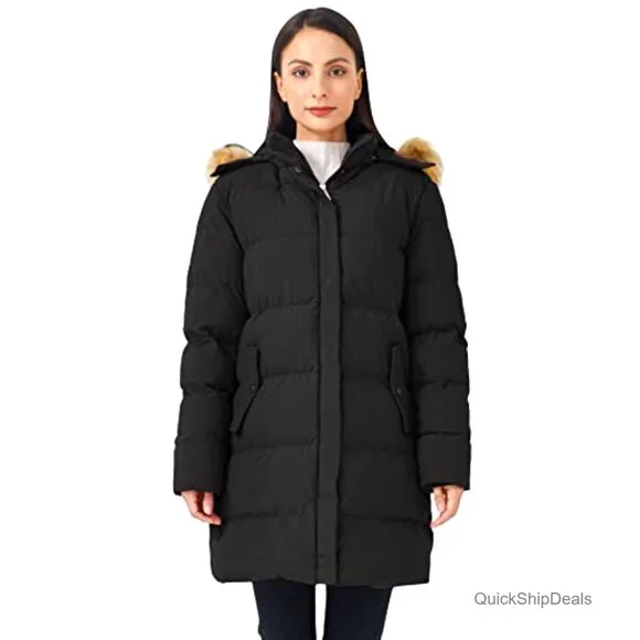 Women's Winter Puffer Coat with Removable Hood, Waterproof, Slim Fit